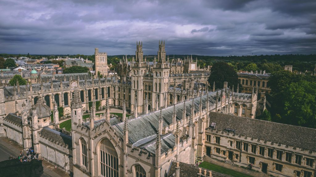 Explore the stunning aerial view of Gothic architecture at Oxford University, showcasing its historic charm.